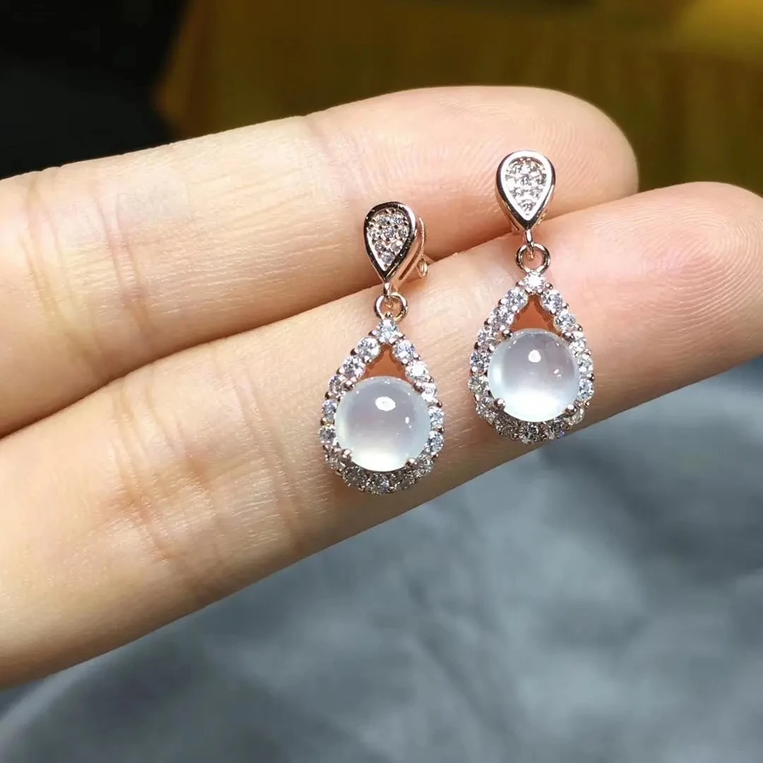 

Egg Noodles Ice-like Chalcedony Jade Earrings Female Myanmar Jade Eardrops S925 Sterling Silver Inlaid Rose Gold Plated