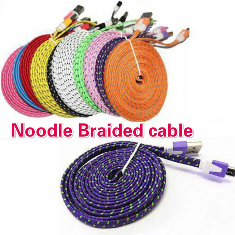 

Noodle Braided Type C cable Micro USB 8 Pin Cable Sync Data Charging 1m 2m 3m Cord Flat Woven Fabric Dual Colors For Iphone 11