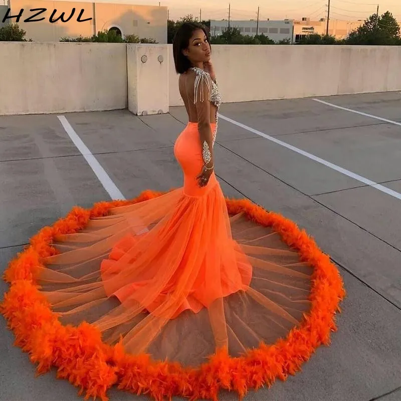 

Orange Feathers African Prom Dresses Sheer Deep V Neck Major Beading Mermaid Evening Dress Full Sleeves Party Vestidos Plus Size