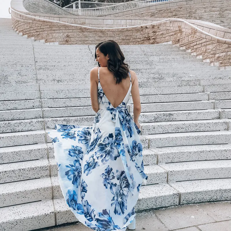 

Summer Dress Boho Women's Beach Long Dresses Woman Saida De Praia 2020 Sexy New Sleeveless Strap Print Polyester