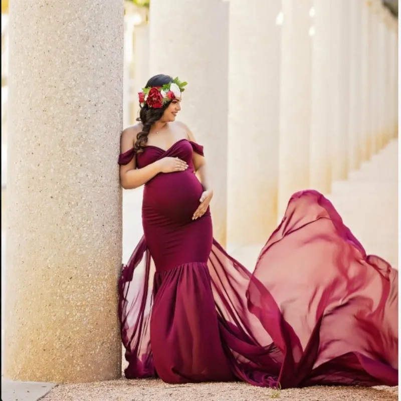 

Chiffon Long Maternity Photography Props Pregnancy Dress For Photo Shooting Off Strapless Shoulder Pregnant Dresses For Women