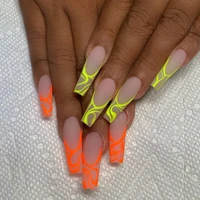 fluorescence color personality graffiti press on nails wearable long trapezoid fake nails with glue 24pcsbox with wearing tools