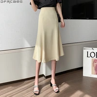 elegant solid high waist skirts women new spring fashion korean style mermaid skirt yellow black beige office midi falda mujer