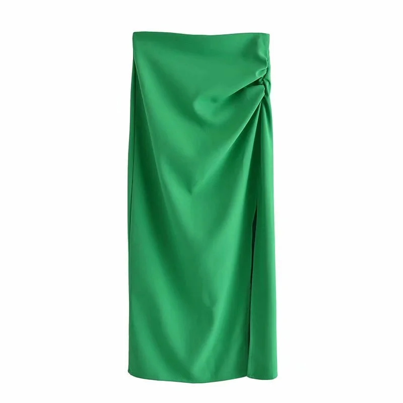 

Summer Casual Office Skirts Za 2021 Vintage Side Folds Chic Invisible Zipper Desgin Fashion Side Split Green chic Skirts suits
