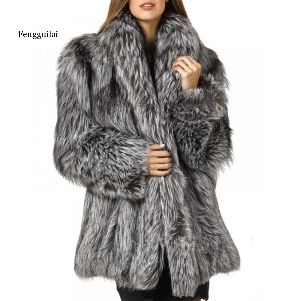 Модное женское зимнее пальто из искусственного меха куртка лисьего длинные