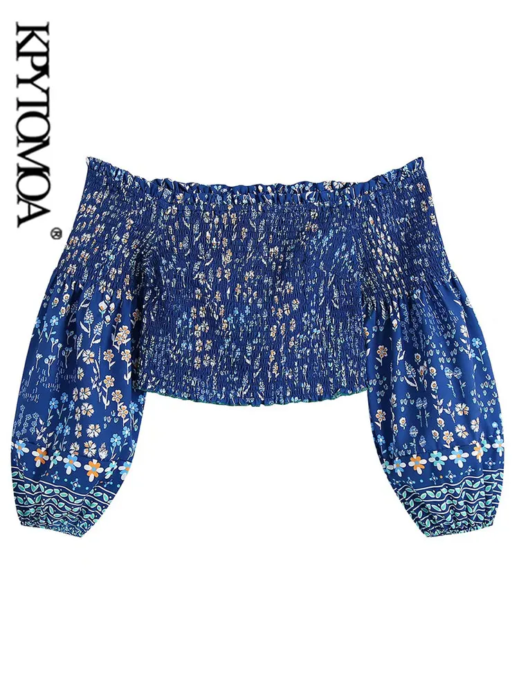 

KPYTOMOA Женская мода цветочный принт смоченная эластичная Женская винтажная рубашка с воротником-лодочкой рукавами-фонариками женские блузы ...