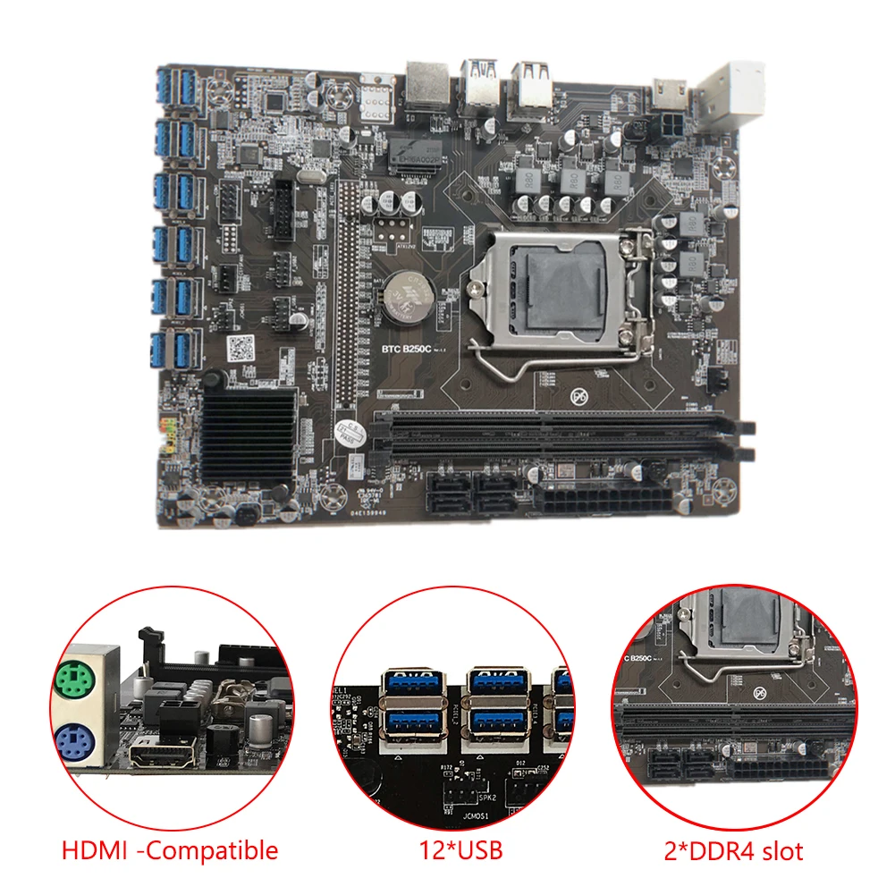 Материнская плата B250C для майнинга ПК 12P мультиграфическая карта PCIe 1x к