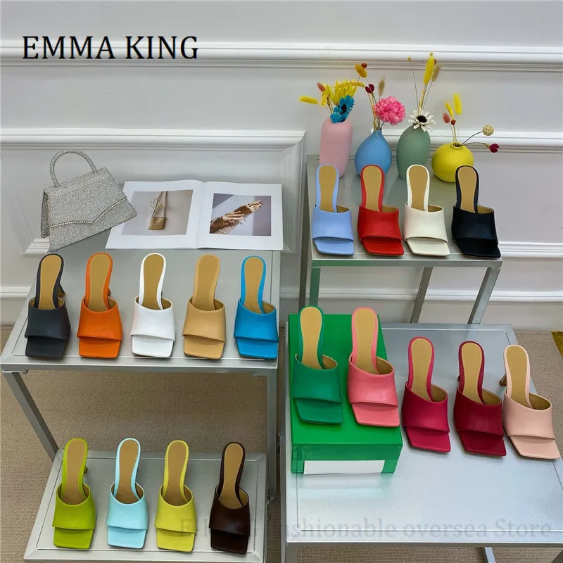 

2021 New Summer Women Thin Heels Slippers Sandals Top Quality Genuine Leather Square Toe Mules Slippers Beach Flipflops Slides