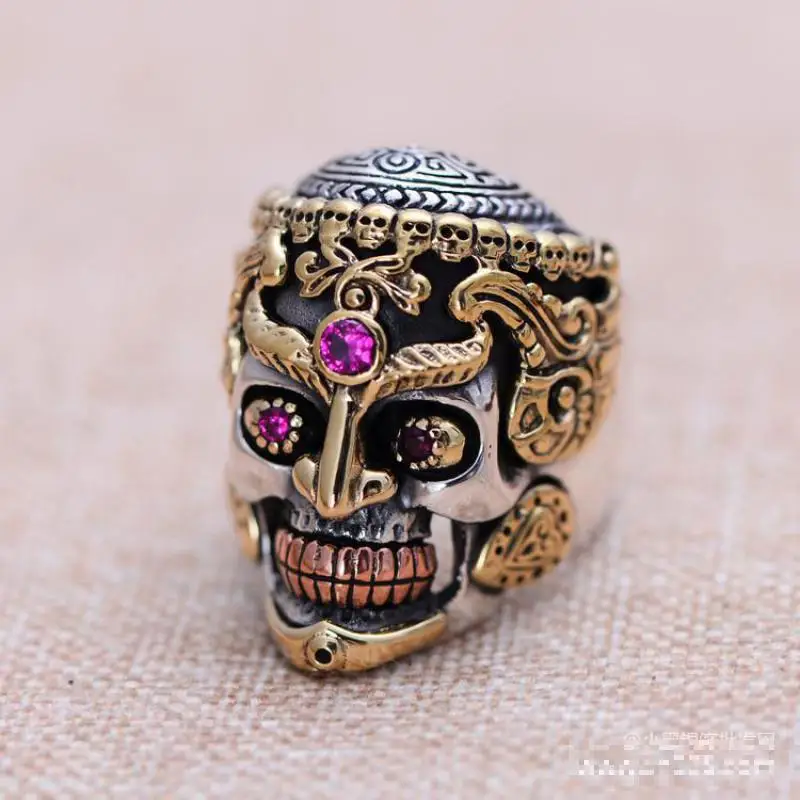 Real Solid 925 Sterling Silver Large Skull Rings for Men Yellow Gold Color Vintage Gothic Punk Thai Ring Paved Red Garnet | Украшения и