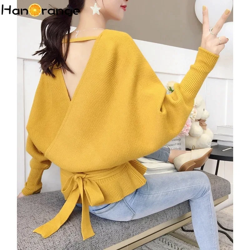 Open Back V-neck Belt Loose Pullover Sweater 2020 Autumn Winter Women Bat Sleeve | Женская одежда