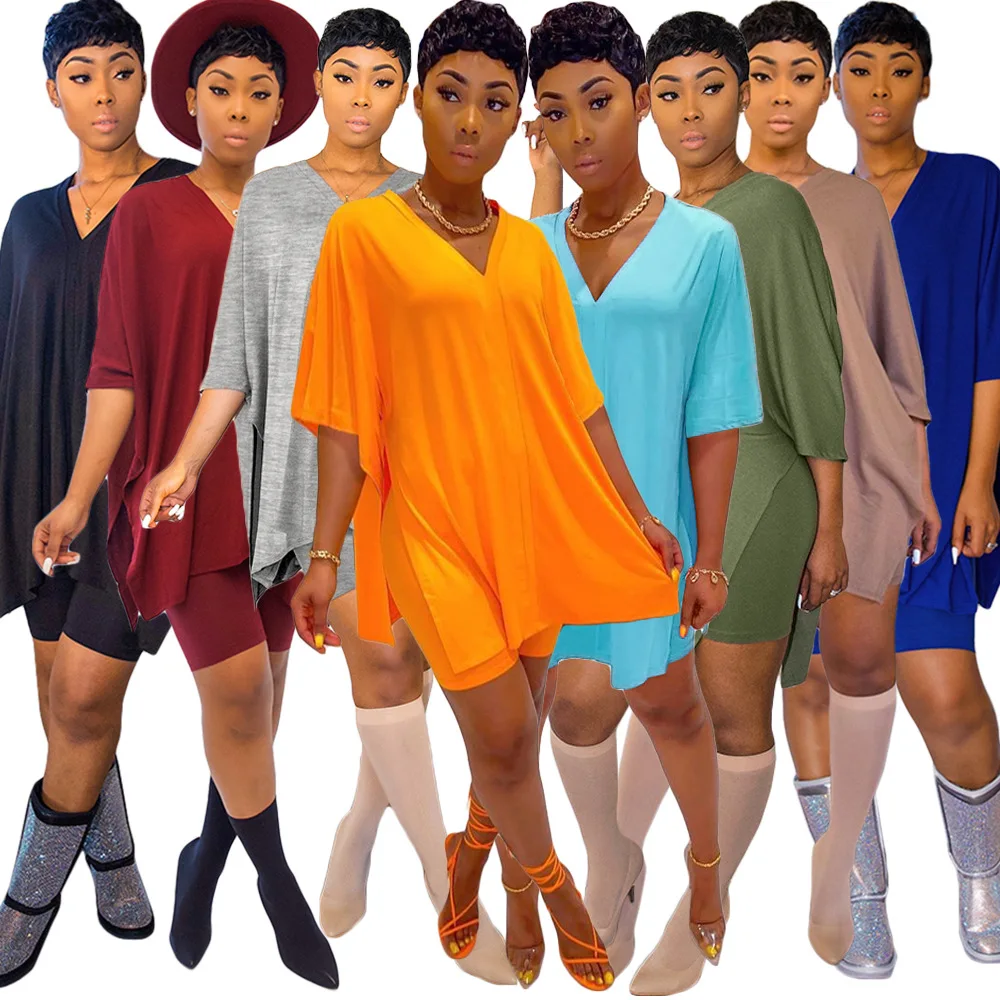 

GL6235 ladies two-piece nightclub women's sexy V-neck with sleeves bat sleeves solid color two-piece suit