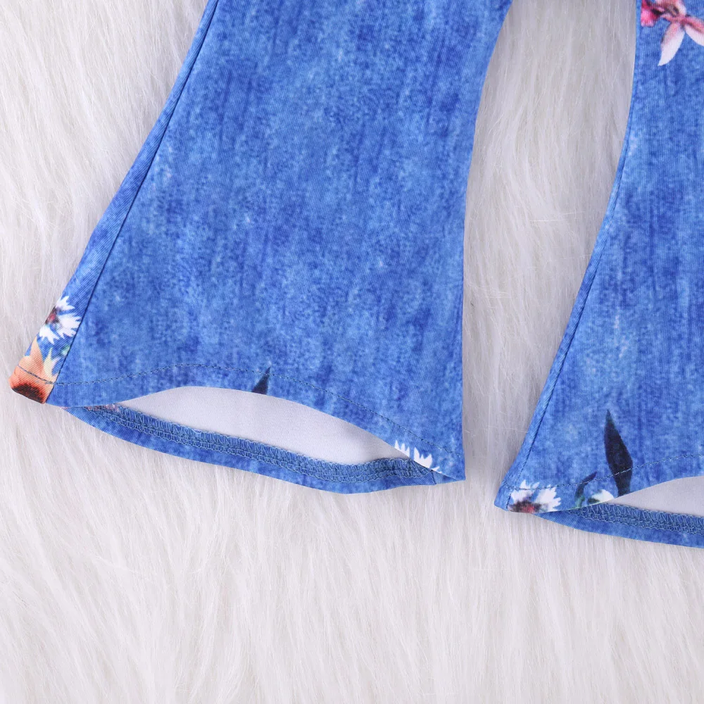 Girls Clothes Teen Cloth Jean Short Sleeves Denim Sun Flower Off Shoulder Tops Bell Bottom Pants 2pcs/Set 2018 Kid Autumn Suit | Детская