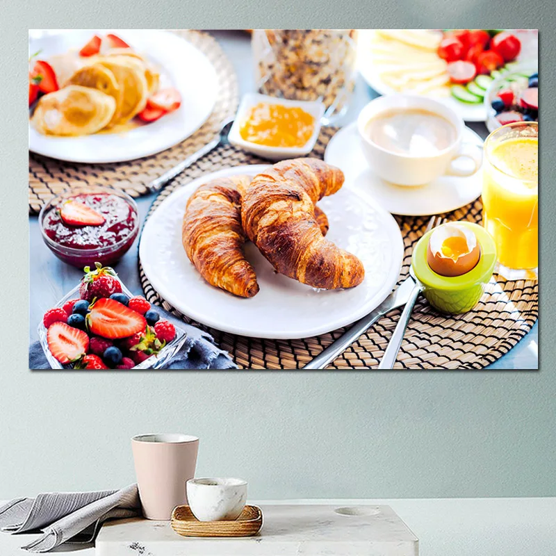 Картина на холсте Постер для гостиной кофе и хлеба восхитительные фрукты еда