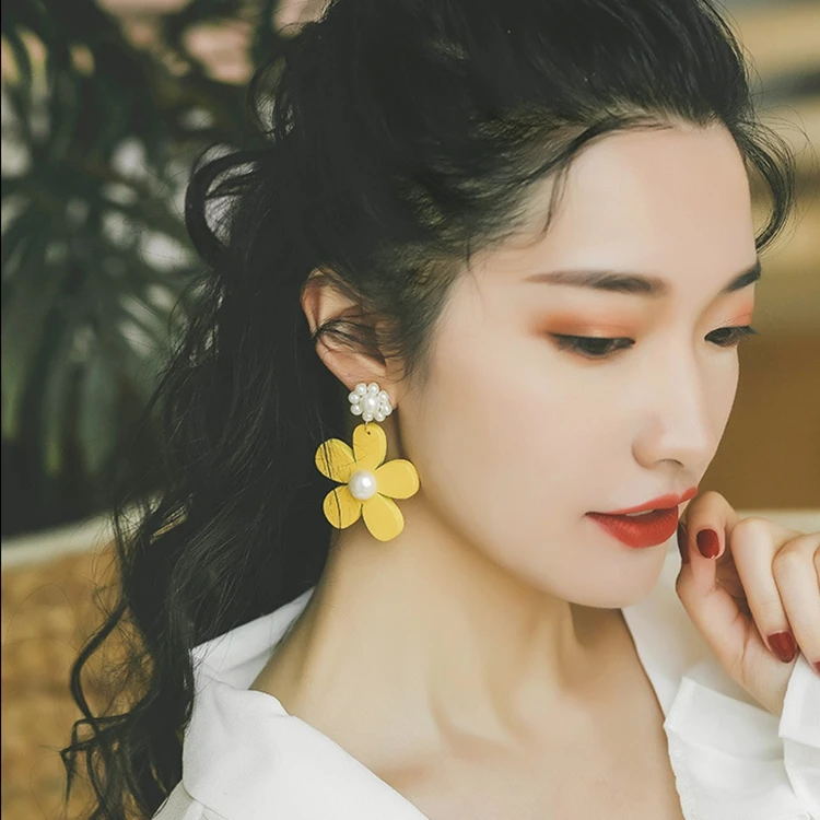 Новинка 2019 корейские деревянные серьги большие висячие жемчужные цветочные для