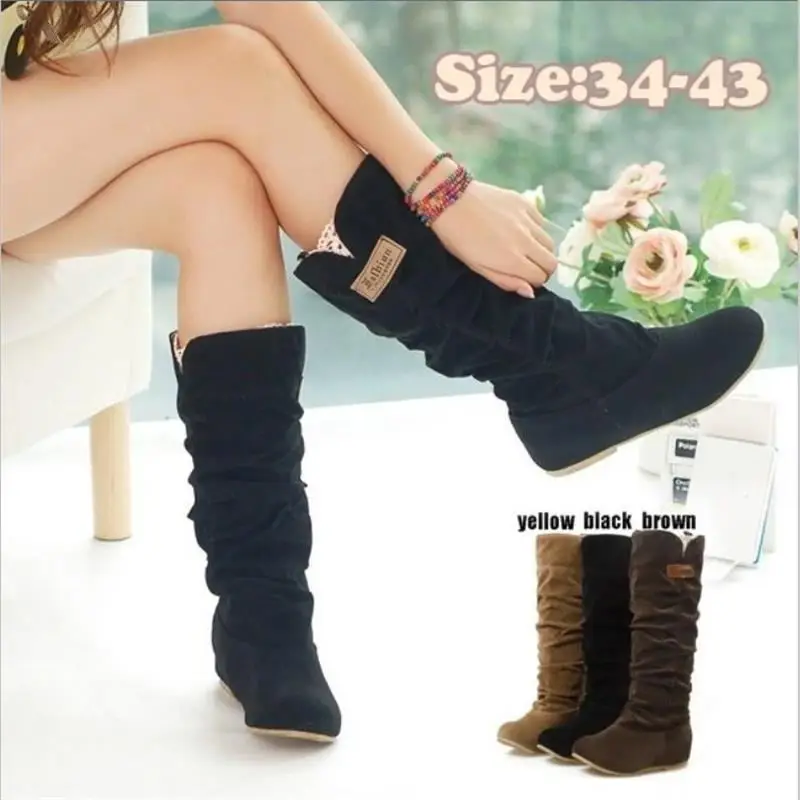 

2021 New Fashion Women's Boots Flock Upper Mid-calf Slip-on Round Toe Flat Heel Pleated Retro Style Boots Casual Women's Shoes