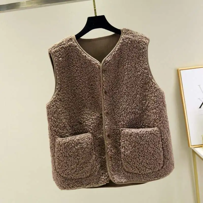 

Womens Spring Autumn Coat 2021 Sleeveless Ladies Wool Blends Vest Pocket Jacket Without Cap Loose Female Portable Outwear