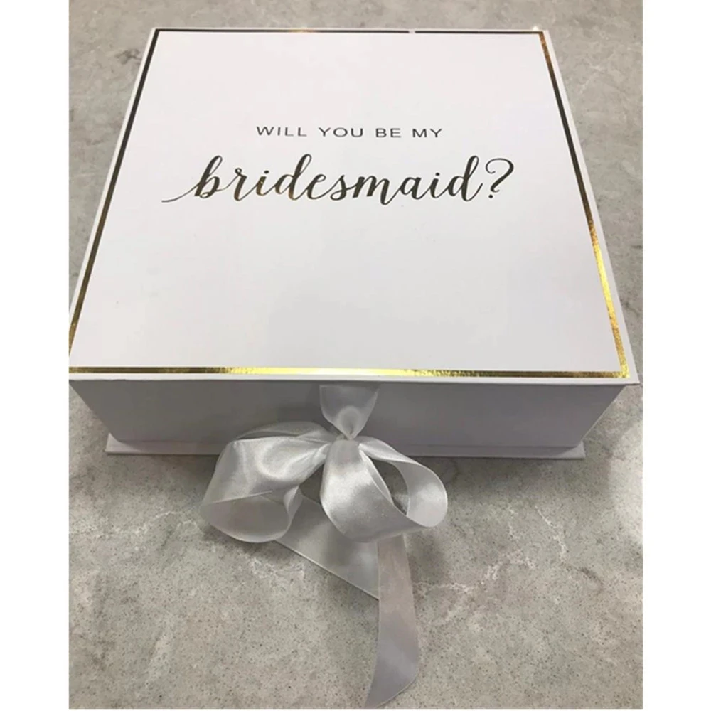 

foil gold will you be my bridesmaid boxes custom silk bow wedding thank you gift box bachelorette maid of honor proposal packing