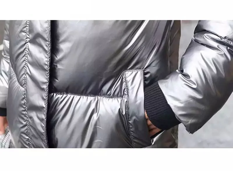 Женская длинная синяя блестящая стеганая куртка толстая зимняя женская с