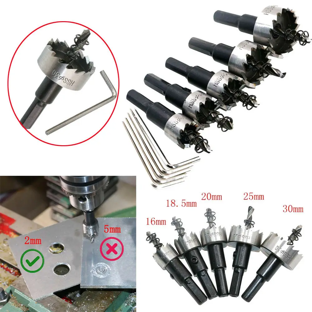 

5Pcs Carbide Tip HSS Drill Bit Hole Saw Set Stainless Steel Metal Alloy 16/18.5/20/25/30mm Woodworking Tools