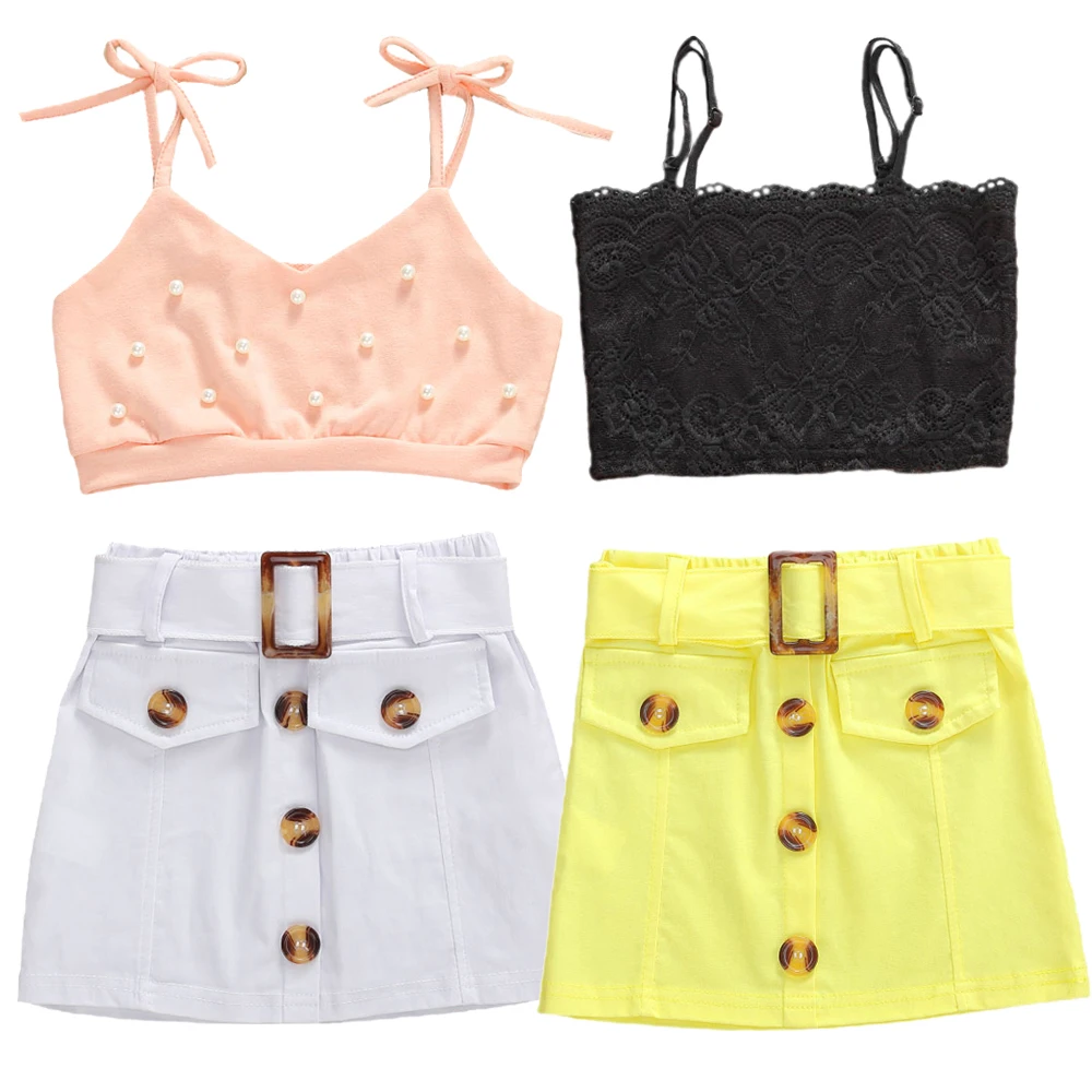 

Летние комплекты одежды для маленьких девочек, жемчужный однотонный жилет без рукавов, топы, пуговицы, мини-юбки, 2 стиля