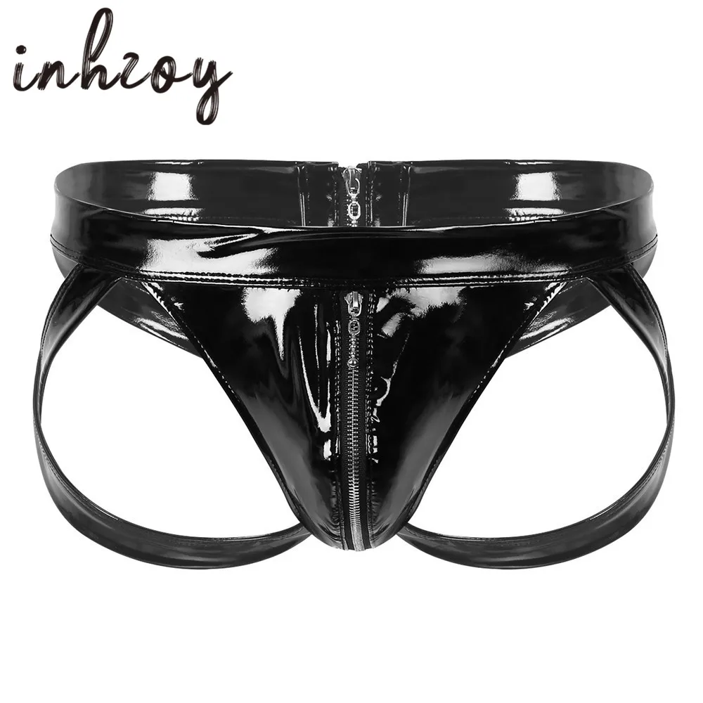 

Sexy Men Patent Leather Bulge Pouch Buttocks Cutout Low Rise Panties Zipper Crotch Bikini Briefs Jockstrap Male Gay Underwear