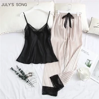 julys song 2 piece woman pajamas set sling stain long pants silk sexy sleepwear woman pink top strap sling summer pyjama