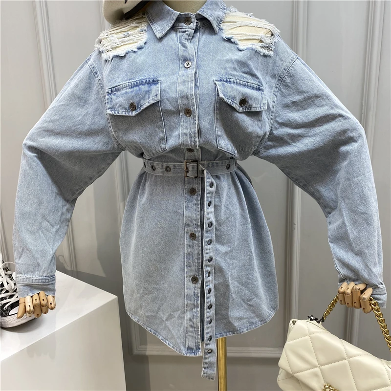 2020 ВИНТАЖНАЯ ДЖИНСОВАЯ КУРТКА с поясом Женская куртка передними металлическими