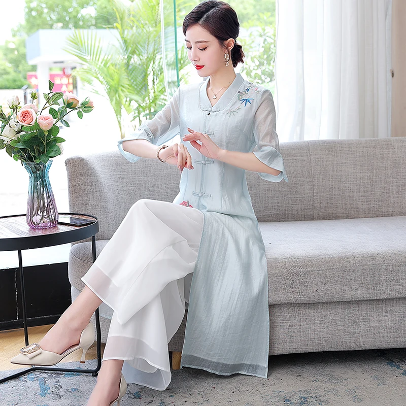 

COIGARSAM женское длинное летнее платье 2021 в китайском стиле с винтажной вышивкой тонкие абрикосовые светло-голубые белые платья Traf Robe