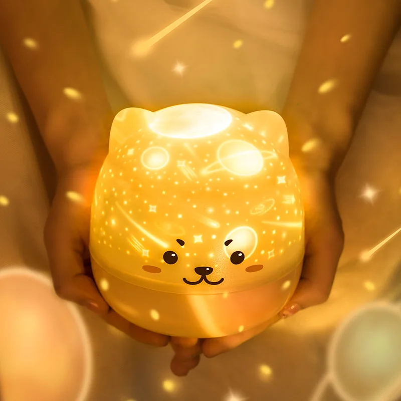 Dream Simple Cute Pet Starry Sky Projection Lamp Rotating Music Box Emotional Atmosphere Bedside Colorful Romantic Projection La