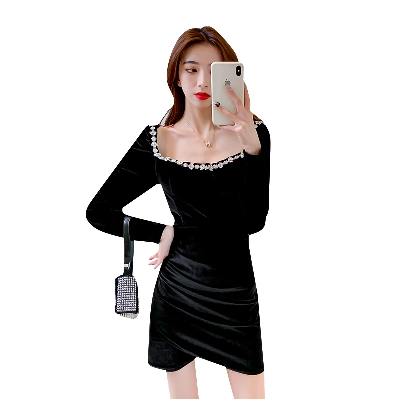 

COIGARSAM Full Sleeve Women one-piece dress korean New High Waist Square Collar Dresses Black 799