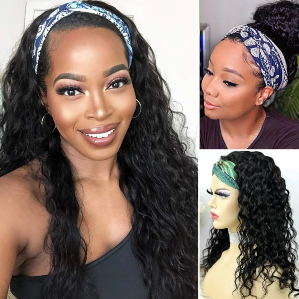 

Hairmoda Deep Wave Headband Wigs 150% Density Peruvian Human Hair Glueless Scarf Wigs Free Headband For Black Women Remy Hair