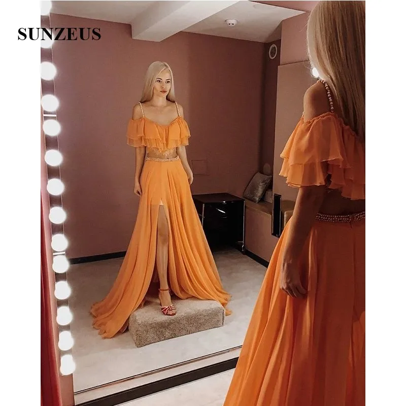 Kaufen Orange Chiffon Zwei Stück Prom Kleider 2019 Schatz Perlen 2 Stück Mädchen Bein Slit Graduation Kleider Vestido Gala Mujer