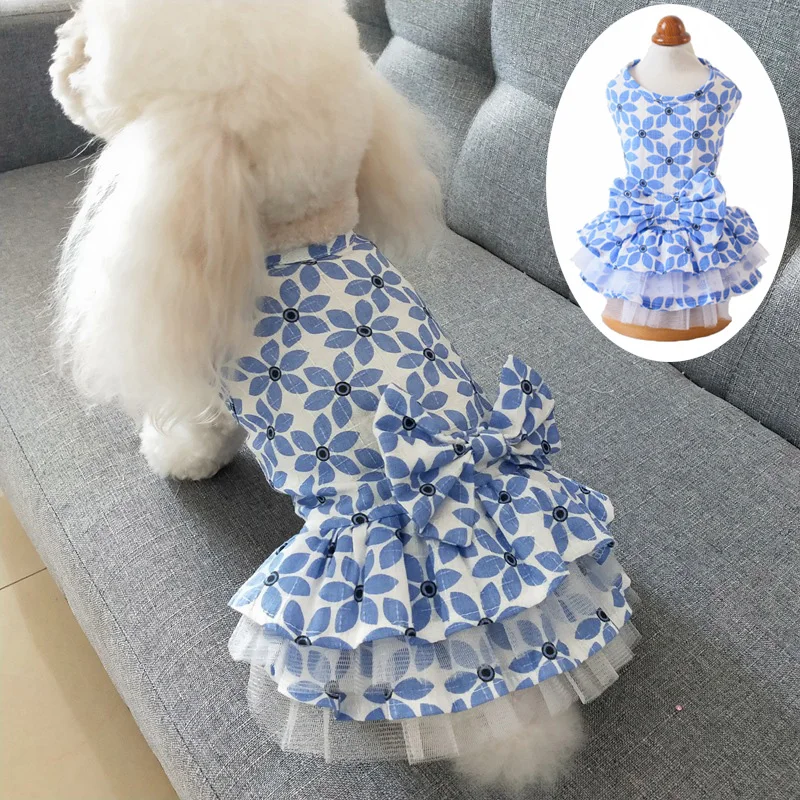 

2020 Summer Cotton Pet Princess Dress for Small Dogs Cats Flower Bow Puppy Dog Dress Clothes Yorkshire Cat Skirt Pets Costume