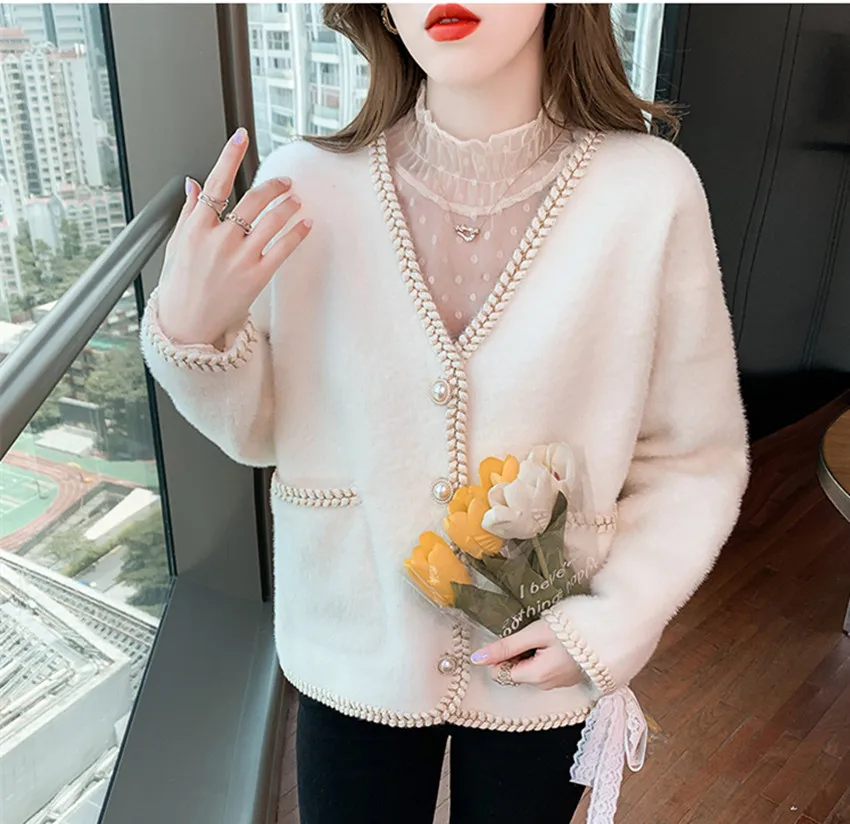 

White Wild Imitation Mink Sweaters Jacket Autumn White Long Sleeve O Neck Knitted Cardigan Single-breasted Tops Sueters De Mujer