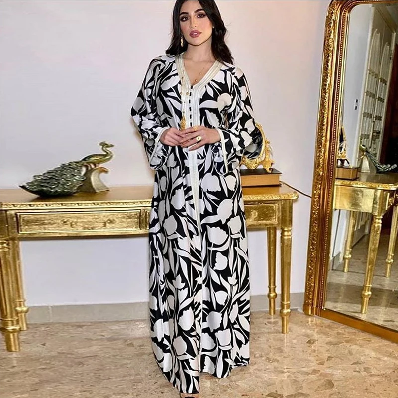 Elegant Ethnic Maxi Dress for Women Ribbon V Neck Long Sleeve Loose Plus Size Moroccan Turkey Arabic Muslim Clothes Eid  2021 N