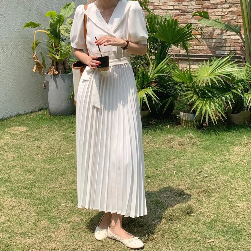 

Japanese Style Temperament Elegant Ladies Dress 2021 Summer Casual Solid Color Pleated Suit Collar Lantern Sleeve High Waist