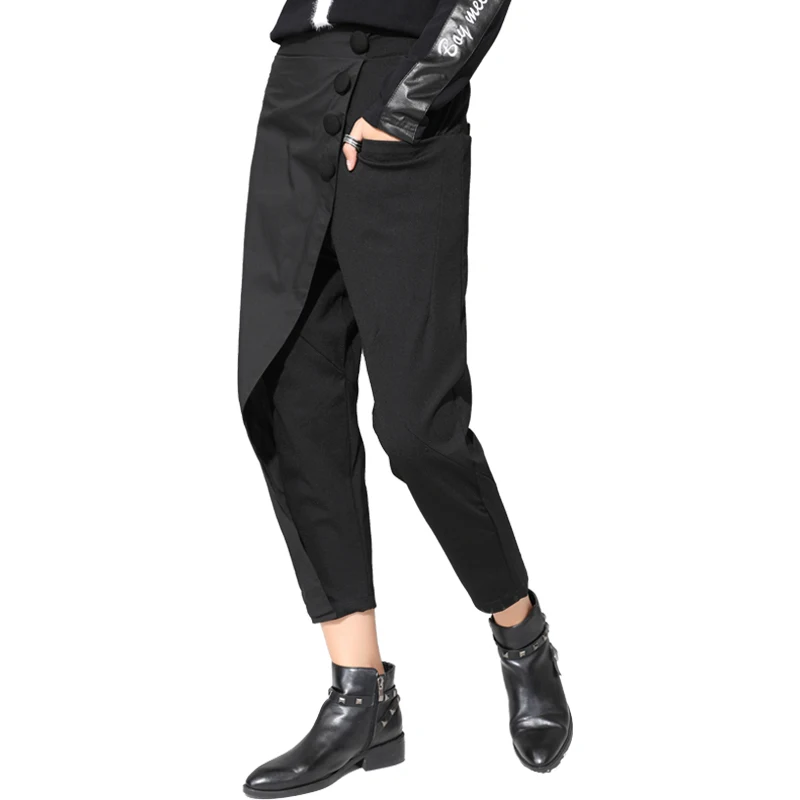 WQJGR Spring 2021 Streetwear Pants Women Button Fly Ankle Length Black Spliced Middle Elastic Waist Trousers | Женская одежда