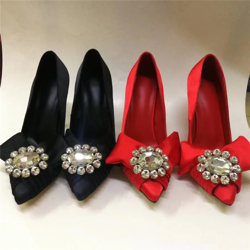 

Crystal Buckle Butterfly-knot Banquet Shoes Woman 10cm Thin Heel Pointed Toes Luxury Red Satin Bowtie 2020 Women Pumps