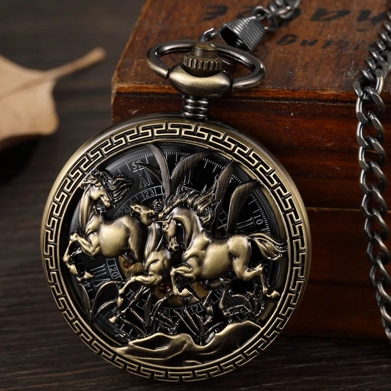 Mechanical Pocket Watch Antique Skeleton Bronze Body Fob Chain 2 Running Horse Engraved Clock with Gift Box for Men Dropshipping