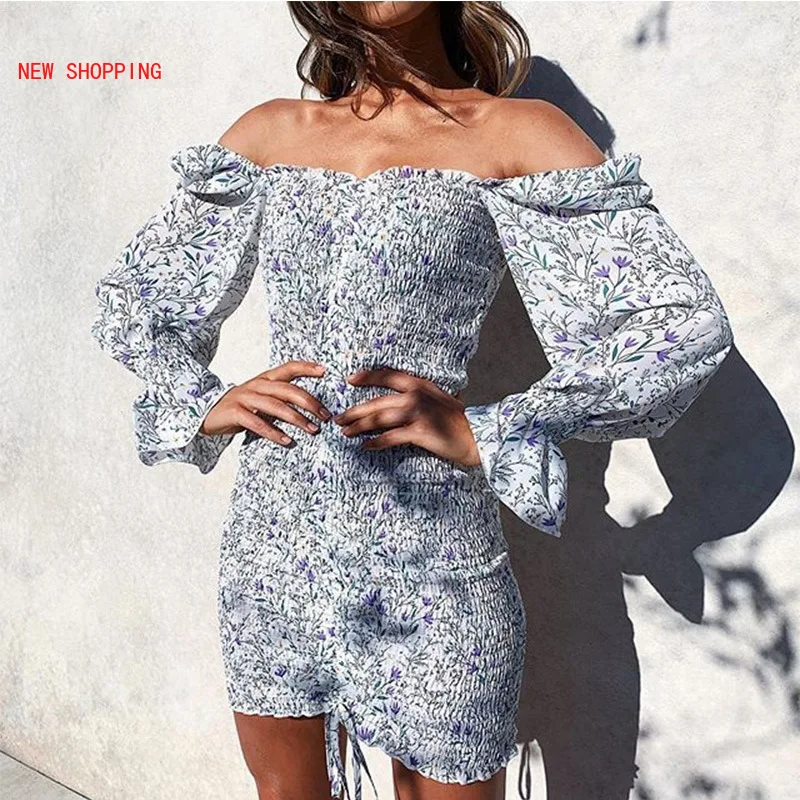 

2020 Trendy Square Neck Floral Print Dress Women Long Sleeve Bodycon Mini Dress Boho Beach Dress for Girls Party Clothing