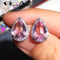 black angel s925 silver stud earrings for women water drop pear shaped luxury pink zircon gemstone jewelry girlfriend gift