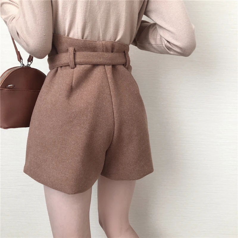 

Woolen Belt Warm Shorts Women Autumn Winter Thicken Fashion High Waist A-Line Wide Leg Boots Shorts Girls Elegant Short Trousers