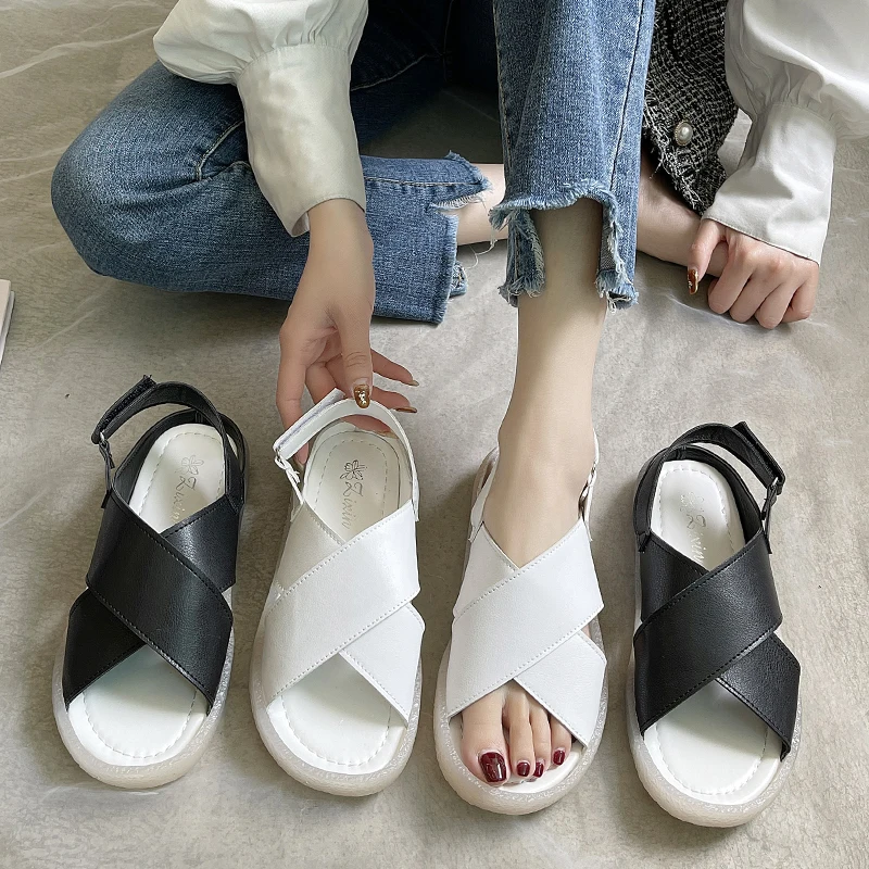 

Flat Sandal Shoe Buckle Strap 2021 Summer Soft Anti-Skid Women's Heels Suit Female Beige Without Comfort Low Gladiator Girls New