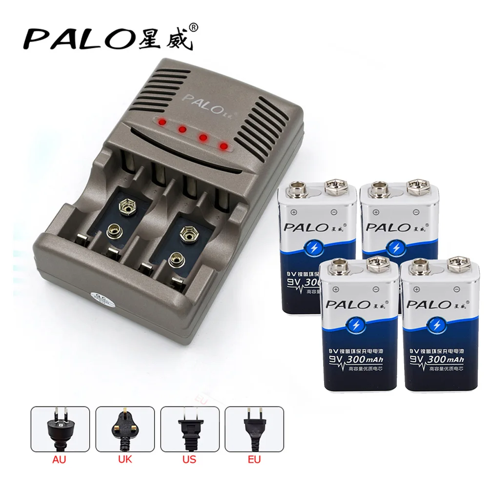4pcs 9v charger EU PALO 4 шт. ni-mh аккумуляторная батарея 6F22 9В 300 мАч батареи 9 напряжение для дымовых сигнализаций игрушки беспроводные камеры микс батарея - Цвет: 4pcs 9v charger EU
