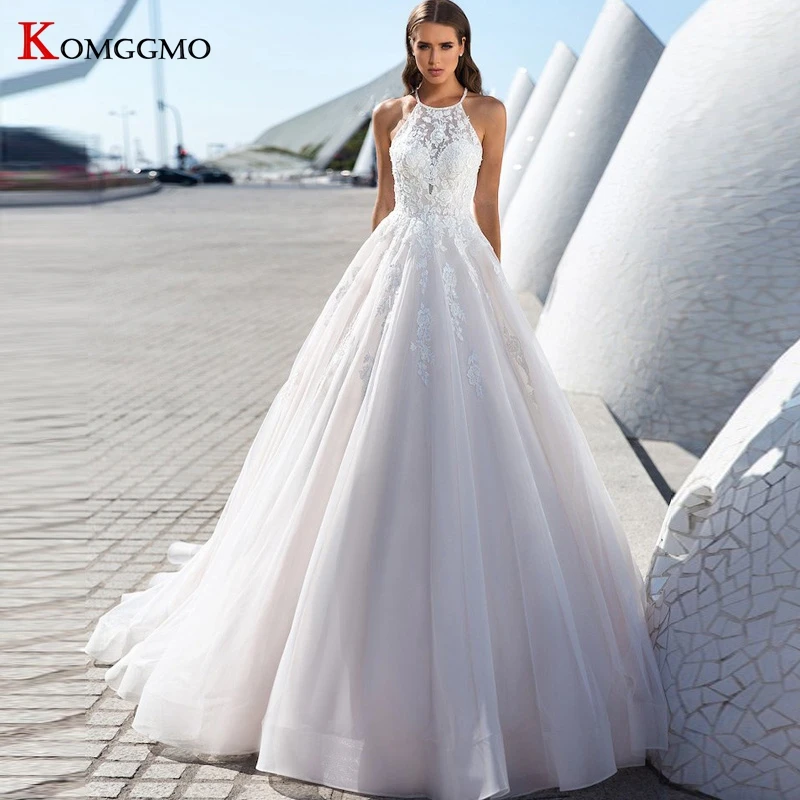 

2021 New Arrival Sleeveless Embroidery Appliques Tulle Bridal Ball Gown High-End Backless Halter Neck Court Train Wedding Dress