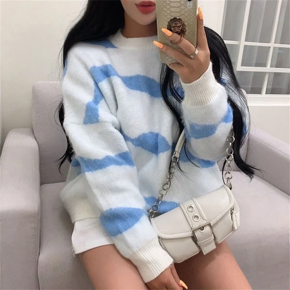 

동대문 Women Jumpers Stripes New Loose Fashion Casual Femme 2022 Outwear Hot Autumn Elegant Thicken Gentle Office Lady