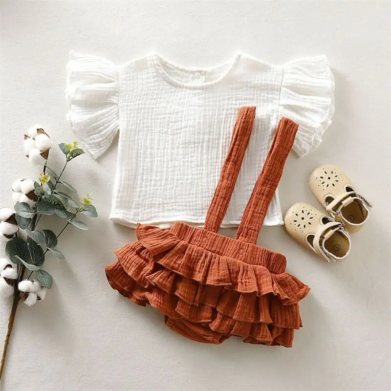 Хлопковый льняной Топ для маленьких девочек рубашка юбка на подтяжках платье