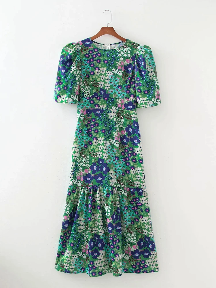 

Женское винтажное платье миди с цветочным принтом, круглым вырезом и рукавами-фонариками