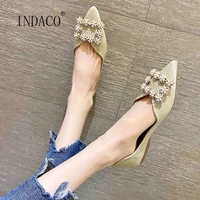 2021 new sexy pointed toe flat shoes women pearl buckle soft bottom boat shoes party flats black beige size 9