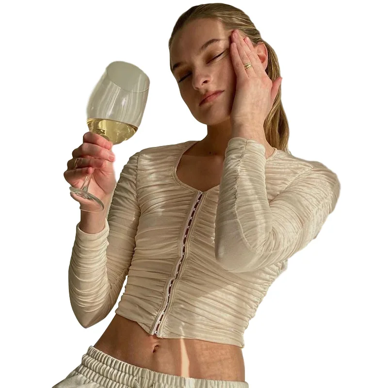 

Summer Solid Cardigan Blouses Black Khaki Round Neck Single Breasted Long Sleeve T Shirts Women Fashion Slim Office Lady Tops